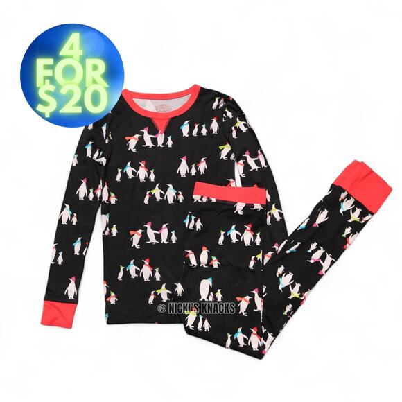 4/$20 Wondershop Unisex Kids Penguin Print Two Piece Pajama Set Black Red Size 8 - Picture 1 of 7